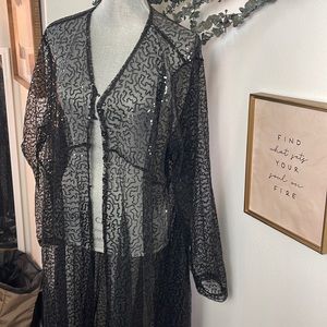 Black Sequin Open Front Sheer Cardigan Duster